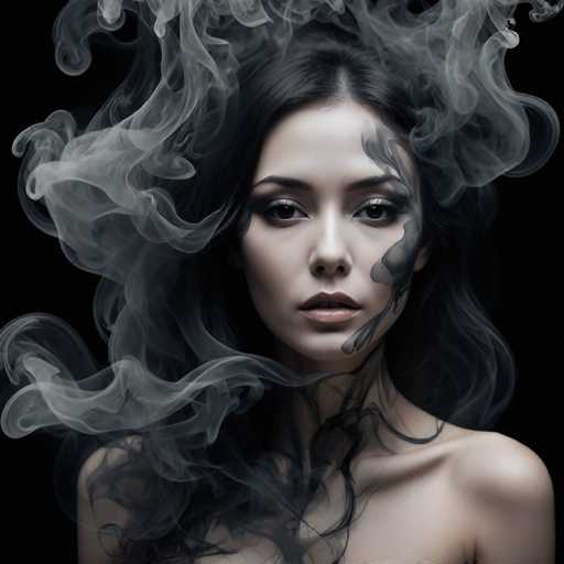 The image shows a close-up portrait of a woman with long dark hair and makeup on her face. The background is black, which contrasts with the white smoke coming out of her mouth.