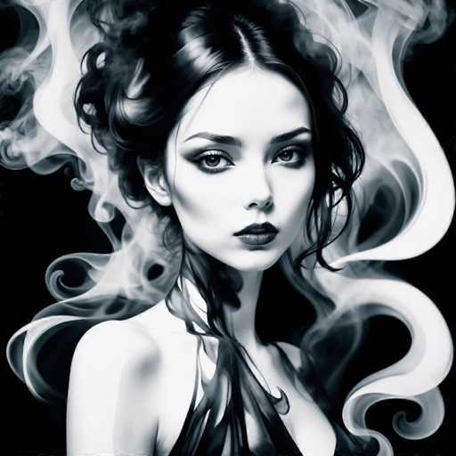 The image is a black and white portrait of a woman with long dark hair styled in an updo. She has striking blue eyes that contrast against her dark hair. The background features a large cloud-like shape filled with smoke, adding an ethereal quality to the scene.