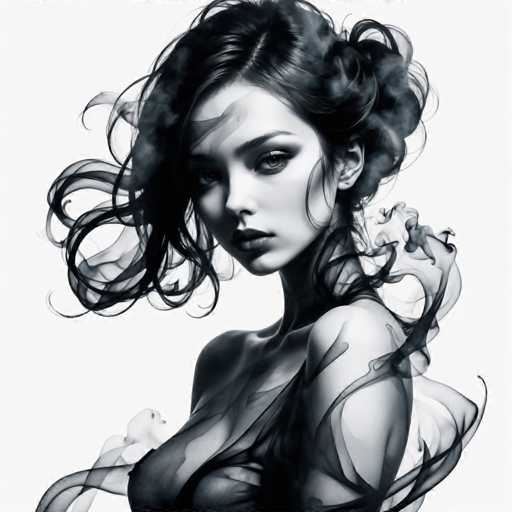 The image is a black and white portrait of a woman with long hair styled in loose curls. The woman's face is the focal point, and she has an intense gaze directed towards the camera. The background is plain white, which contrasts with the dark tones of the woman's hair and skin.
