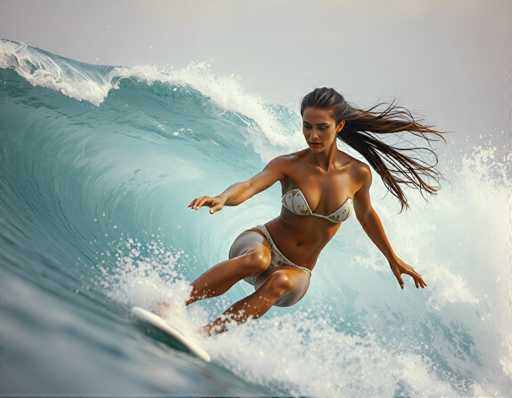 A woman is surfing on a wave in the ocean wearing a white bikini top and white shorts while holding onto her surfboard with both hands.