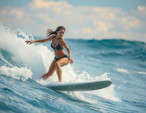 A woman surfing on a wave in the ocean wearing a black bikini top and blue swimsuit.