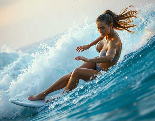 A woman is surfing on a wave in the ocean. She is wearing a bikini and her hair is blowing in the wind as she rides the wave. The water around her is a deep blue color with white foam from the wave.