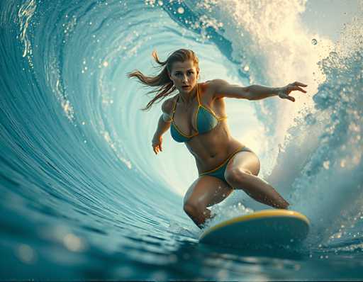 A woman is surfing on a wave in the ocean wearing a blue bikini top and green swimsuit.