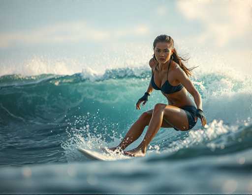 A woman is surfing on a wave in the ocean wearing a black bikini top and shorts while holding onto her surfboard with both hands.