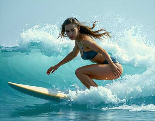 A woman is surfing on a wave in the ocean wearing a blue bikini and a white surfboard with a yellow stripe.