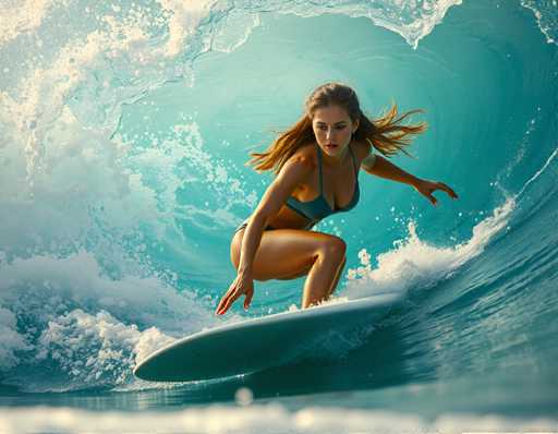 A woman is surfing on a wave in the ocean wearing a blue bikini top and a green swimsuit.