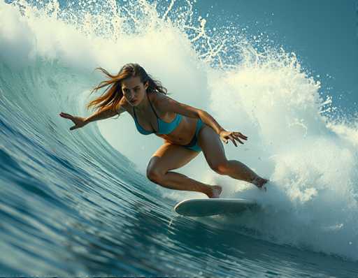 A woman surfing on a wave in the ocean wearing a blue bikini and white top.