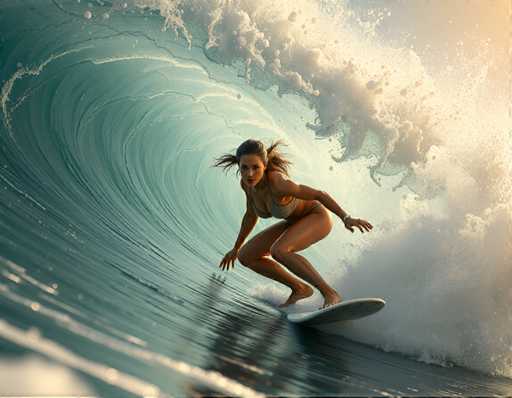 A woman is surfing on a wave in the ocean. She is wearing a white bikini and is crouched down on her surfboard with her arms outstretched for balance. The wave she's riding has a dark blue-green color and is curling over to the right side of the image, creating an impressive display of nature's power.