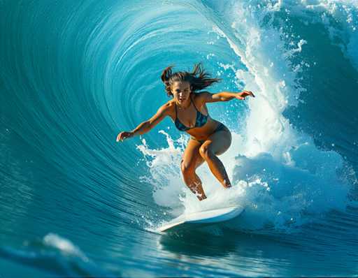 A woman surfing on a wave in the ocean wearing a blue bikini and black top.