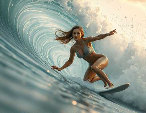 A woman is surfing on a wave in the ocean. She is wearing a bikini and her hair is blowing in the wind as she rides the wave. The background shows the vast expanse of the ocean with waves crashing against each other.