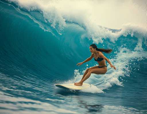 A woman is surfing on a wave in the ocean wearing a black bikini top and blue swimsuit.
