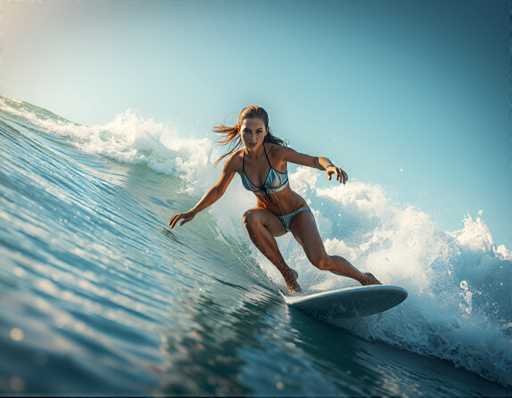 A woman is surfing on a wave in the ocean wearing a blue and white bikini top and a black swimsuit.