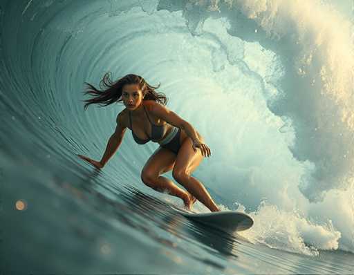 A woman is surfing on a wave in the ocean. She is wearing a black bikini top and a gray swimsuit. The wave she's riding has a dark blue color with white foam at its crest.