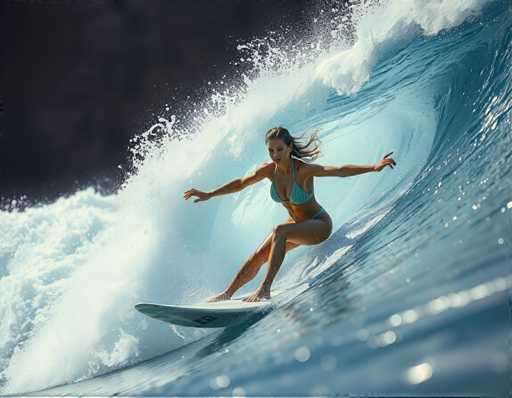 A woman is surfing on a wave in the ocean wearing a blue bikini top and an orange swimsuit.