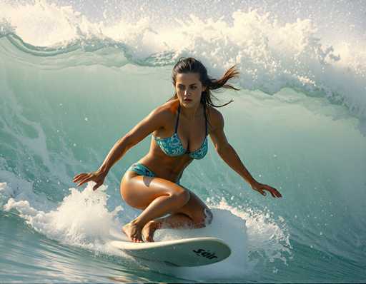 A woman wearing a blue and white bikini is surfing on a wave in the ocean.
