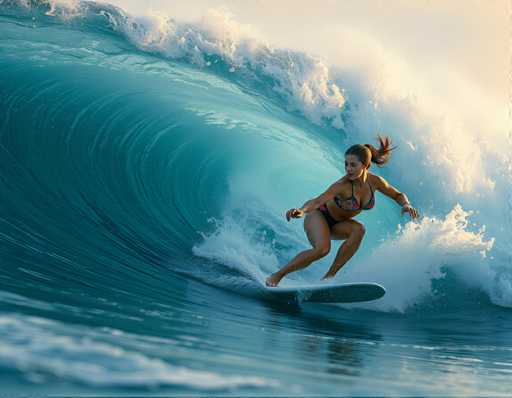 A woman is surfing on a wave in the ocean. She is wearing a blue bikini and her hair is tied up with a ponytail. The wave she's riding has white foam on top of it.