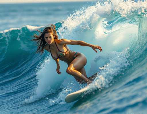 A woman is surfing on a wave in the ocean wearing a colorful bikini and a red rash guard.