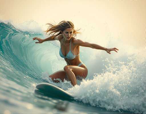 A woman is surfing on a wave in the ocean wearing a white bikini top and blue swimsuit.