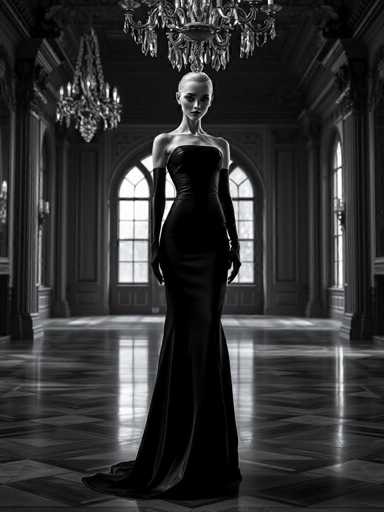 A woman stands elegantly in a grand room with high ceilings and large windows that allow natural light to flood the space. She is dressed in a long black dress that falls just below her knees, paired with gloves on her hands. The room features ornate decorations and chandeliers hanging from the ceiling, creating an atmosphere of opulence and sophistication.