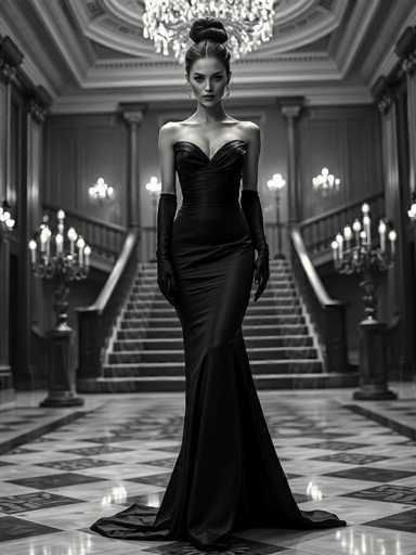 A woman is standing in front of a grand staircase with a chandelier hanging from the ceiling and candles on the steps. She is wearing a long black dress that falls down to her knees, and she has her hands clasped behind her back. The background features a large room with high ceilings and columns, creating an atmosphere of elegance and sophistication.