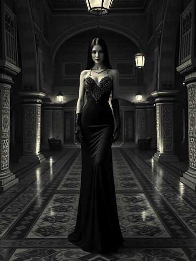 A woman stands alone in an ornate hallway with a high ceiling and columns on either side. She is wearing a long black dress adorned with a large heart-shaped pendant at the neckline. The floor beneath her feet is covered in tiles that reflect light from two hanging lamps, casting a warm glow throughout the space.