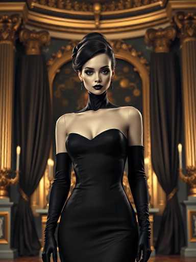A woman is standing in front of a grand room with gold curtains and columns. She is wearing a black dress that falls just below her knees, long gloves, and a black headpiece. The room has a high ceiling and ornate decorations on the walls, creating an atmosphere of elegance and sophistication.
