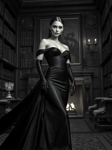 A woman stands in front of a fireplace with a bookshelf behind her, wearing a long black dress and gloves.