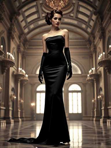 A woman is standing in an opulent room with a high ceiling and large windows that allow natural light to flood the space. She is wearing a long black dress and gloves, which adds to her elegant appearance. The room features ornate columns and intricate designs on the walls, creating a sense of grandeur and luxury.