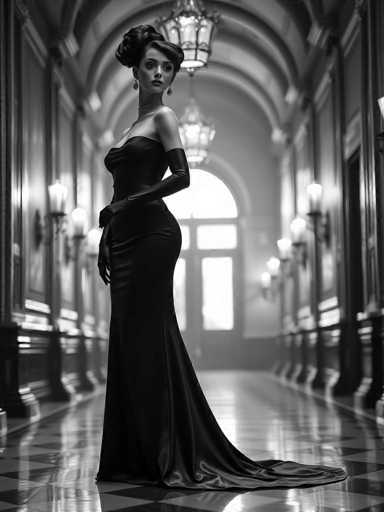 A woman is standing in an ornate hallway with a high ceiling and large windows on either side. She is wearing a long black dress that falls to her knees, and she has her hair styled in an elegant updo. The woman's gaze is directed off to the side, suggesting a moment of contemplation or deep thought.