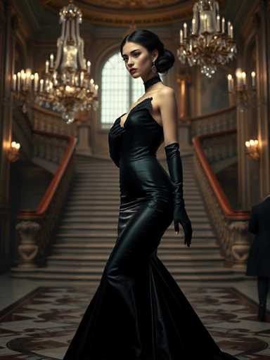 A woman is standing in front of a grand staircase with a chandelier hanging from the ceiling and a large window above it. She is wearing a long black dress that falls to her knees, and she has on gloves. The room appears to be a luxurious setting, possibly a ballroom or a palace, as indicated by the ornate decorations in the background.