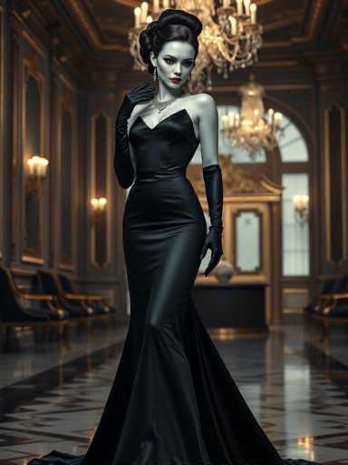 A woman is standing in an opulent room with a chandelier hanging from the ceiling and a large window on one side of the room. She is wearing a long black dress that falls to her knees, and she has her hands clasped behind her back. The room appears to be a grand ballroom or similar setting, characterized by its high ceilings and ornate decorations.