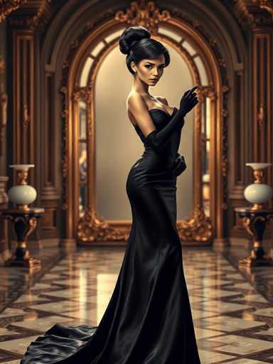 A woman is standing in front of a large mirror with her hands on her hips and looking directly at the camera. She is wearing a long black dress that falls down to her knees, and she has a high bun on top of her head. The room behind her features gold accents, including an archway and two vases placed on either side of it.