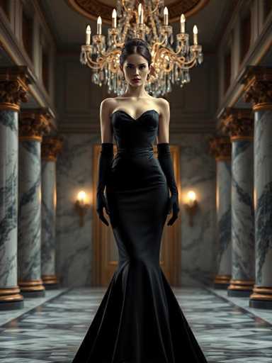 A woman is standing in front of a large chandelier and marble columns, wearing a long black dress with a high neckline and a corset. She has her hands elegantly placed on her hips and is looking directly at the camera.