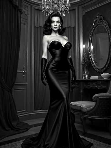 A woman is standing in front of a mirror with her back facing the camera and wearing a long black dress that reaches down to her knees. She has on black gloves and is positioned in what appears to be an opulent room with a chandelier hanging from the ceiling. The background features a large window draped with curtains, allowing natural light to enter the space.