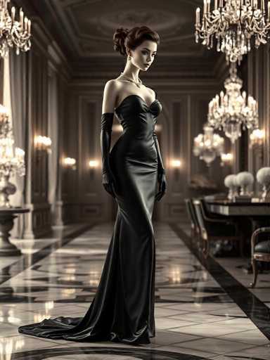 A woman is standing in an opulent room with a long black dress and gloves on her hands. The room has a high ceiling and chandeliers hanging from the center of the room, creating a sense of grandeur. In front of the woman, there are two chairs and a table, suggesting that this might be a dining or social area within the room.
