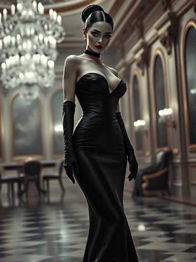 A woman is standing in an opulent room with a chandelier hanging from the ceiling and a large window on one side of the room. She is wearing a long black dress that reaches down to her knees, and she has her hair styled in an elegant updo. The room features a dining table surrounded by chairs, suggesting it could be a restaurant or a formal event space.