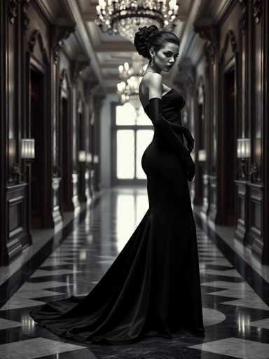 A woman is standing in an ornate hallway with a long black dress and gloves on her hands. The hallway has a high ceiling and large windows that allow natural light to illuminate the space.