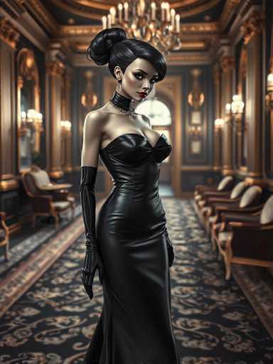 A woman is standing in an opulent room with a high ceiling and gold accents. She is wearing a black strapless dress that falls just below her knees, paired with black gloves. The room features several chairs arranged around the space, and a chandelier hanging from the ceiling.