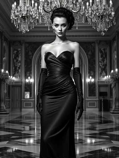 A woman is standing in front of a large chandelier and a painting on the wall, wearing a long black dress with a strapless neckline and high slit at the bottom. She has her hands clasped behind her back and is looking directly at the camera.