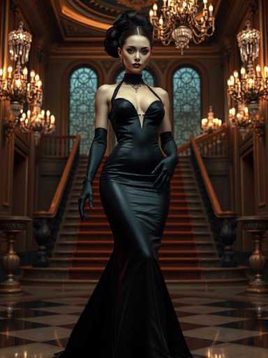 A woman is standing in front of a grand room with a high ceiling and large windows that allow natural light to flood the space. She is wearing a long black dress with a plunging neckline and corset, which accentuates her figure. The woman also has a choker necklace around her neck and is holding a parasol in one hand while the other hand rests on her hip.