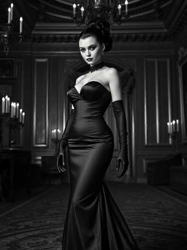 A woman is standing in front of a grand room with a chandelier and a painting on the wall. She is wearing a long black dress that falls down to her knees, and she has her hair styled in an elegant updo. The room features a high ceiling and ornate decorations, creating an atmosphere of opulence and sophistication.