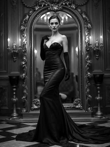 A woman is standing in front of a mirror wearing a long black dress and high heels. The room has a dark color scheme with gold accents on the walls and floor.