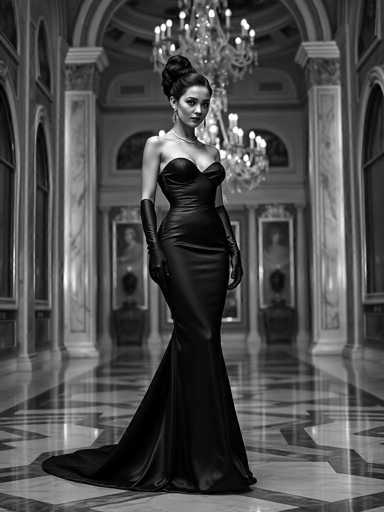 A woman is standing in an opulent room with a high ceiling and marble columns. She is wearing a long black dress that falls just below her knees, paired with gloves on her hands. The room has a large window on the left side of the image, allowing natural light to flood into the space.