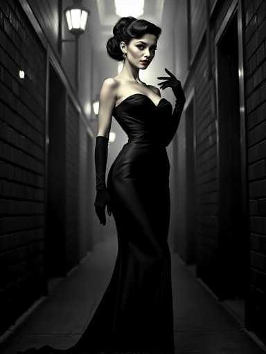A woman is standing in an alleyway at night, wearing a long black dress and gloves. The alleyway has brick walls on both sides, creating a sense of depth and mystery.