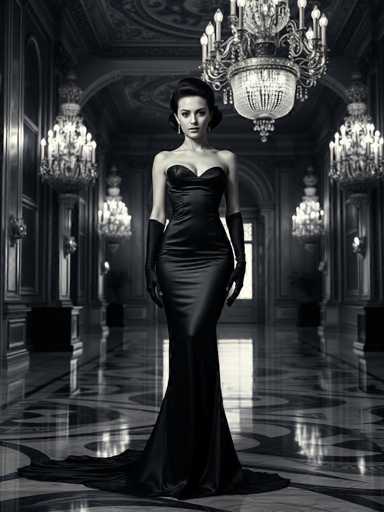 A woman is standing in an opulent room with a long train and a high ceiling adorned with chandeliers. She is wearing a black strapless gown that falls elegantly to her feet, and she has on gloves. The room features marble floors and walls, creating an atmosphere of grandeur and luxury.
