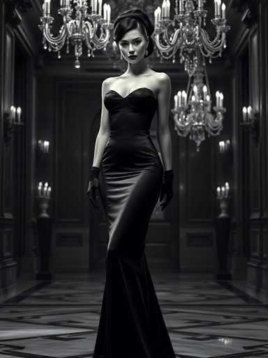 A woman is standing in front of a large chandelier and a mirror, wearing a long black dress with a strapless bodice and a train that flows down the length of her skirt. She has dark hair styled in an elegant updo and is wearing black gloves on her hands. The room around her features ornate decorations and a high ceiling with a chandelier hanging from it, creating a luxurious atmosphere.