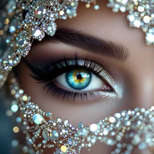 The image shows an eye with a striking blue color and long eyelashes. The eye is partially covered by a silver lace or veil that has small white dots on it. The background of the image is blurred, drawing focus to the eye and its surroundings.