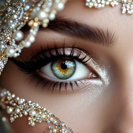 The image shows a close-up view of an eye with striking green and blue hues. The eye is framed by a gold and white lace veil that adds an elegant touch to the composition. The background is blurred, drawing focus to the eye and creating a sense of depth in the image.