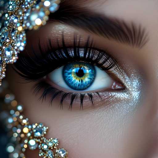 The image shows a close-up view of an eye with striking blue and gold hues. The iris is a deep blue color, contrasting beautifully against the lighter brown of the eyelashes. The eye is framed by a thin black line that adds depth to the composition. The background is blurred, drawing focus to the eye and its intricate details.