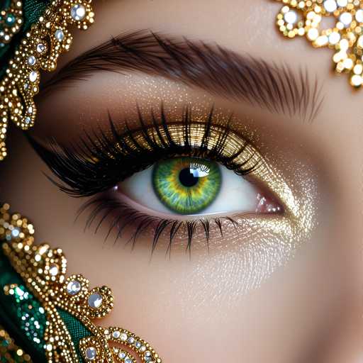 The image shows a close-up view of an eye with striking green and gold eyeliner and glittery gold eyeshadow. The eye is the main focus of the image, which is taken from a top-down perspective.